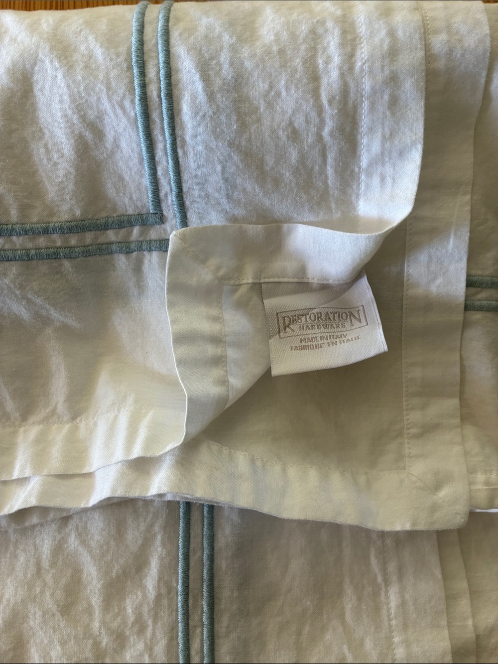 Restoration Hardware White Cotton Shower Curtain with Pale Blue Double Piping